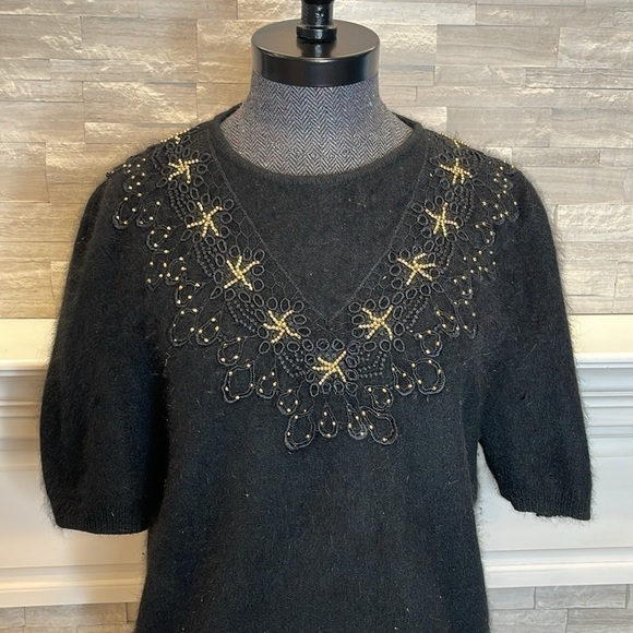 Vintage  Calavini 70s Black Angora Sweater Short Sleeve Beaded Venetian Lace M - Picture 4 of 9